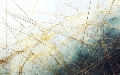 Poster - An abstract composition featuring dynamic golden lines interwoven against a soft blue and white background, creating a sense of movement and depth.