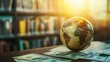 © hugy - A globe surrounded by scattered dollar bills on a wooden table, with a blurred bookshelf background, ideal for illustrating global finance, economics