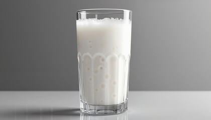 Glass of fresh milk with foam on gray background