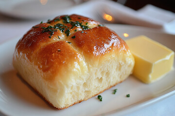 Wall Mural - a warm, golden-brown dinner roll with butter on the side.