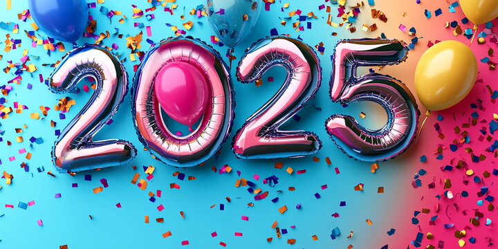 Numbers 2025 made out of chrome helium balloons, on a colorful confetti explosion background Christmas and New Year wide horizontal banner