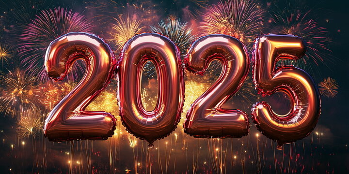 Numbers 2025 made out of chrome helium balloons, on a colorful fireworks display background lighting up the night sky Christmas and New Year wide horizontal banner