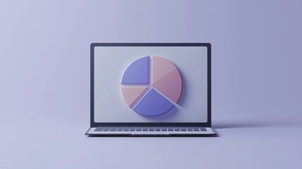 Poster - Modern laptop displaying colorful pie chart on screen, representing data analysis and business strategy in a minimalist purple setting