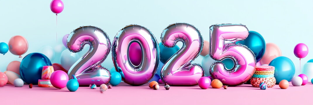 Numbers 2025 made out of chrome helium balloons, on a whimsical candy land background with sweets and treats Christmas and New Year wide horizontal banner