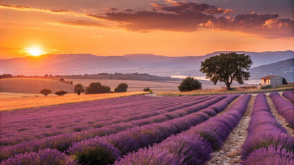 Vast lavender fields under a setting sun casting a golden glow over the landscape