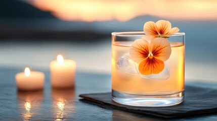 Poster - Elegant cocktail adorned with flowers, set against a serene sunset backdrop, AI