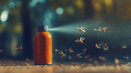 A spray bottle spraying a fine mist to repel mosquitos.