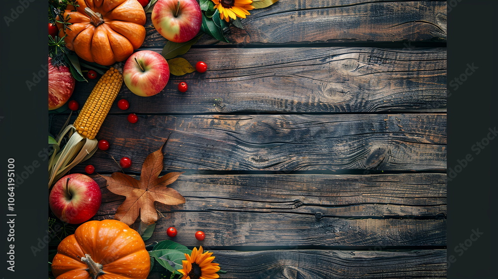 Harvest table setting with pumpkins, apples, and ears of corn on a ...
