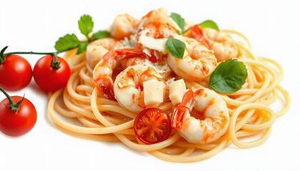 Italian pasta with shrimps , parmesan and tomatoes isolated with white shades, png