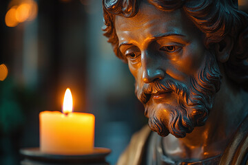 a statue of Saint Joseph with a candle burning nearby.