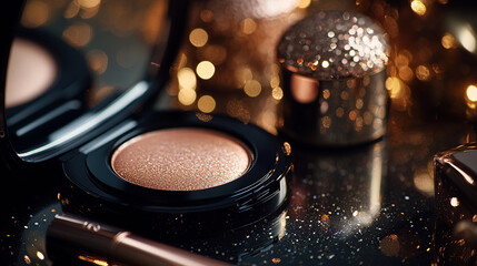 A close-up of cosmetic products, including eye shadow and blush palettes, with glittery textures on the surface