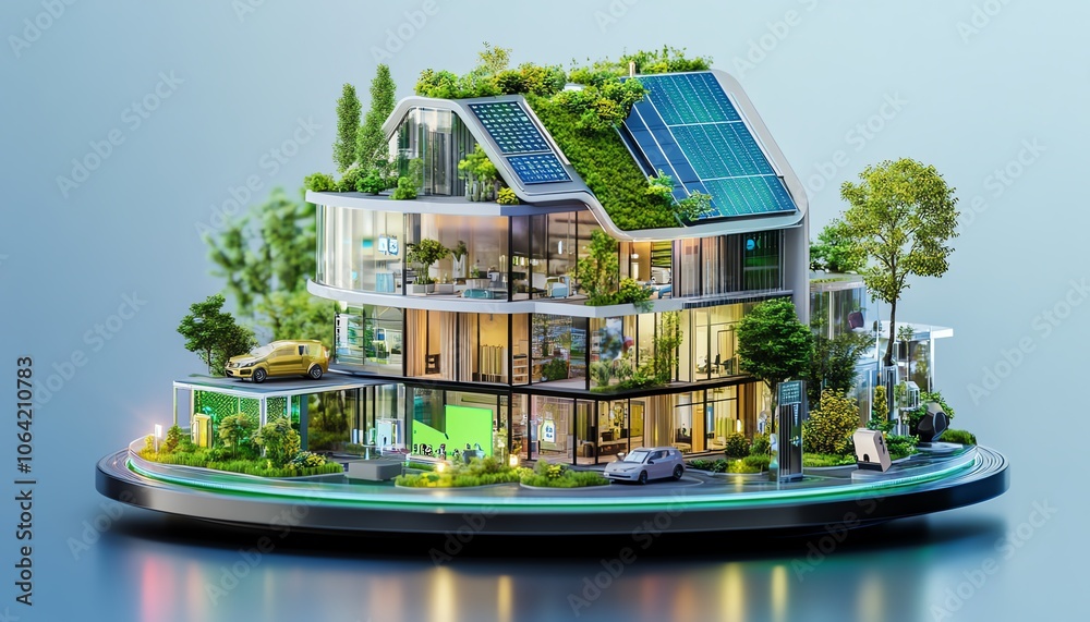 Futuristic eco-friendly house model with solar panels and lush greenery ...