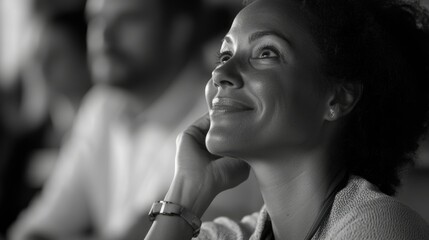 Woman Smiling in Focus Against Blurred Background