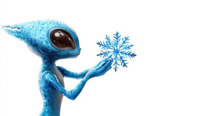 Alien character holding a snowflake, white isolated background.