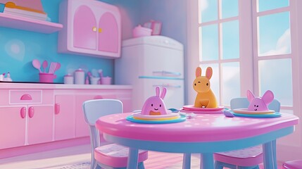 Colorful Cartoon Kitchen with Cute Bunny Figurines