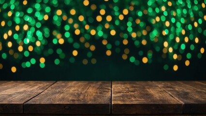 Wall Mural - Rustic plank wood board table surface with green and gold small bokeh lights mockup background