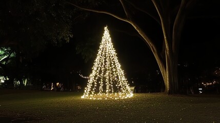 A tall, illuminated Christmas tree stands in a park at night, surrounded by dark trees.