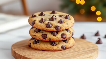 A stack of delicious chocolate chip cookies on a wooden platter, with blurred festive lights in the background, evoking a warm, inviting atmosphere.