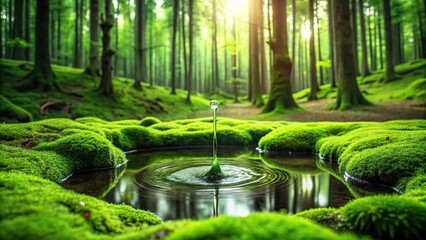 A dripping green pool of water in a mossy forest floor, moss, wilderness, nature, foliage, puddle