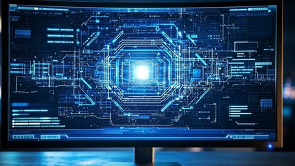 A computer monitor displaying a futuristic digital interface with glowing blue lights.