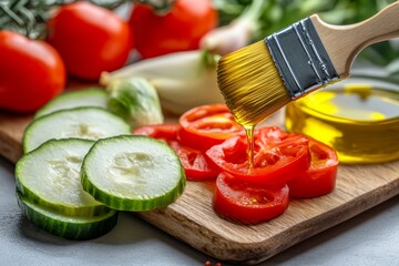 Poster - Illustration of a pastry brush coating vegetables in olive oil, on a clean white background, creating a simple, fresh look