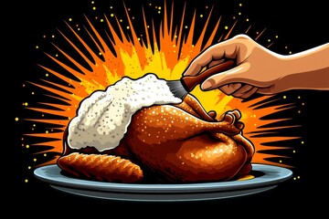 Aufkleber - Pixel art of a hand basting turkey with a simple brush in 8-bit style, using retro colors to evoke nostalgic cooking vibes