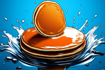 Aufkleber - Pixel art of a pancake mid-flip with bright, simple colors in retro 8-bit style, capturing a nostalgic cooking scene