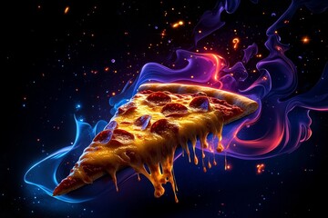 Poster - Pixel art of a slice of pizza with bubbling cheese, using bright, nostalgic colors in a retro style that evokes craving