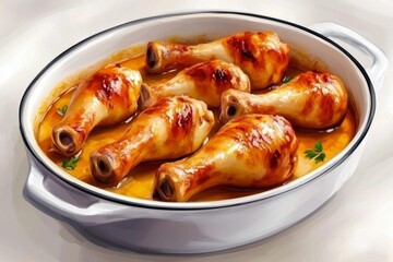 Poster - Simple drawing of chicken drumsticks in a marinade, with soft colors and gentle shading on a white background, capturing a casual cooking feel