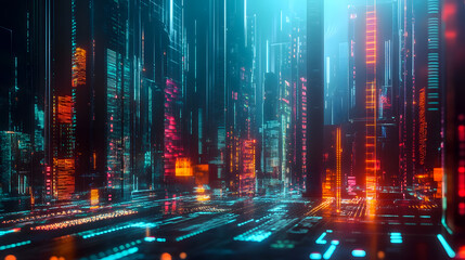 Poster - Futuristic Cityscape with Neon Lights and Technology