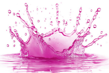 Fototapete - Pink water droplet suspended in mid-air with large splash of water droplets surrounding it. Vibrant pink stands out against light gray background in circular pattern of movement. Transparent isolated.