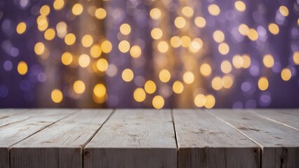 Wall Mural - rustic white washed plank wood board table surface with gold bokeh lights and purple wall mockup bac