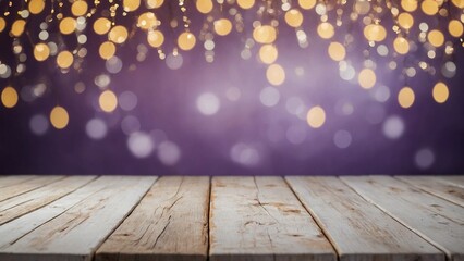 Wall Mural - rustic white washed plank wood board table surface with gold bokeh lights top border and purple wall