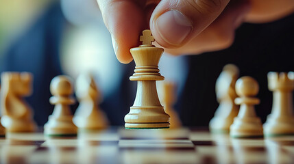 Wall Mural - Close-up of a hand moving a chess piece on a board, a concept for business strategy or a leader's enemy financial check game plan