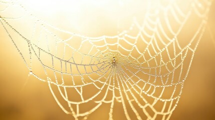 In the soft glow of dawn, a fragile spider web captures tiny droplets of water, shimmering like jewels against a blurred background, showcasing nature's intricate artistry.