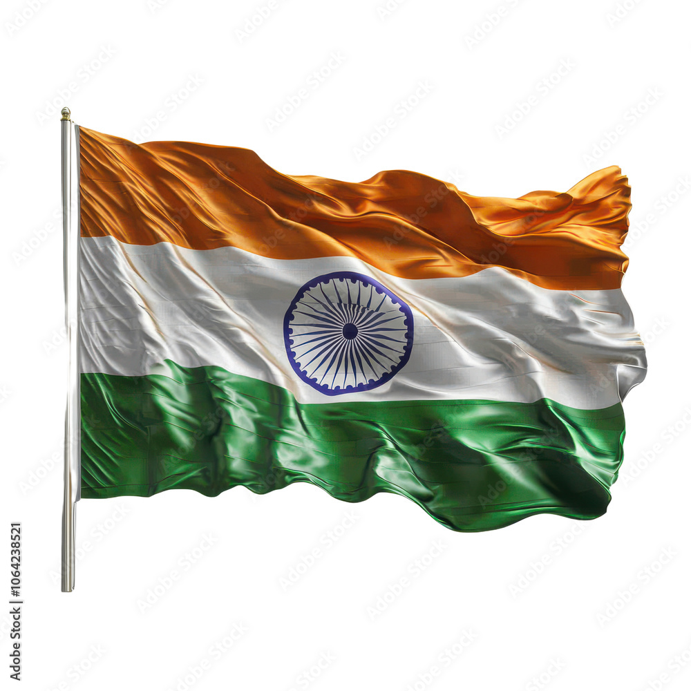 Waving indian flag on pole isolated transparent background on ...