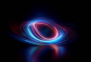 Fototapete - A glowing blue and pink ring with light trails swirls on a dark reflective surface.
