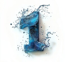 Water font number 1 made of water on white background. blue liquid ocean. 3d