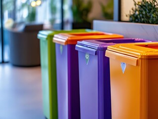 Community recycling program with vibrant bins, soft lighting, sleek modern setup, eco-friendly atmosphere