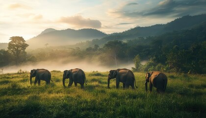 Sticker - Elephants walking in the wild with vibrant landscape, soft natural lighting, dynamic movement, serene atmosphere