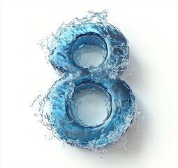 Water font number 8 made of water on white background. blue liquid ocean. 3d