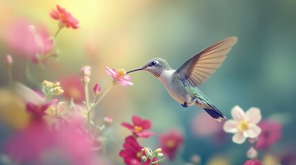 Wall Mural - Hummingbird sipping nectar with vibrant flowers, soft natural lighting, dynamic movement, serene atmosphere