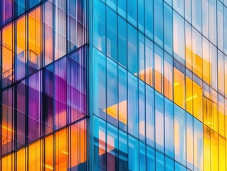 Poster - Modern glass building with vibrant reflections, soft lighting, sleek design, dynamic energy, urban architecture