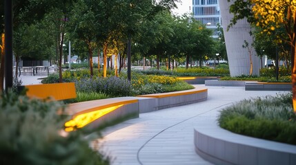 Poster - Public park architecture with vibrant seating and greenery, soft lighting, dynamic movement, modern city vibe