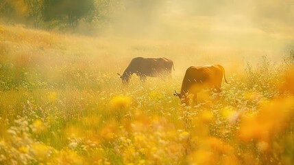 Wall Mural - Wild animals grazing in vibrant fields, soft natural lighting, dynamic movement, serene atmosphere, realism