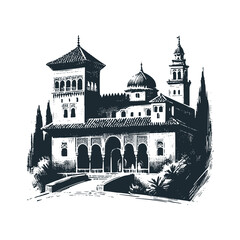 Alhambra towers and domes on luxury homes. Black white vector illustration.