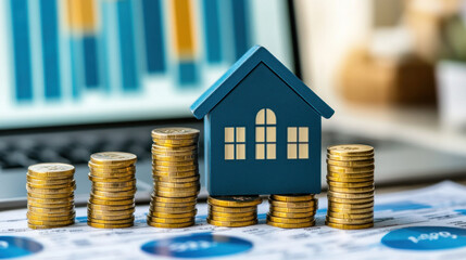 Poster - A stack of coins and a house model on top of a piece of paper. The coins are piled up in a pyramid shape, and the house model is placed on top of them. Concept of wealth and prosperity