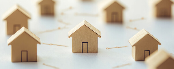 Poster - A group of wooden houses are arranged in a circle, with one house in the middle. The houses are all different sizes and shapes, but they all have a similar design