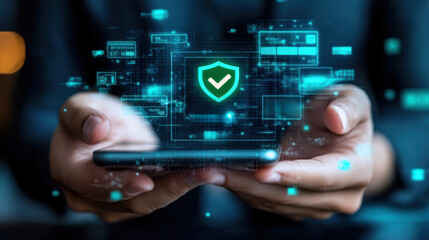 Poster - A person is holding a cell phone with a green shield on it. The shield is a symbol of protection and security