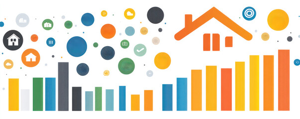 Poster - A colorful image of a house with a roof and a bunch of circles and bars. The circles are of different sizes and colors, and the bars are of different colors and lengths